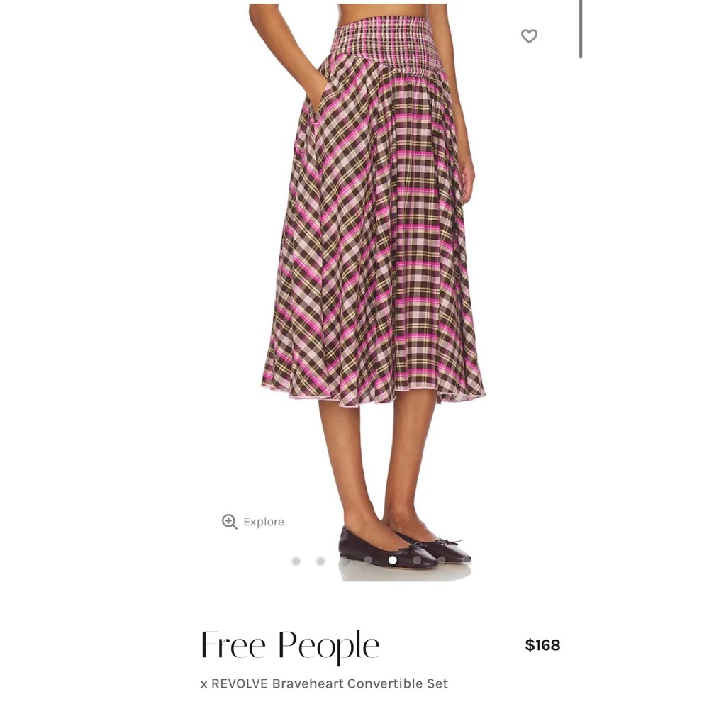 Free People xREVOLVE Braveheart Plaid Smocked Convertible Skirt Dress Pink Brown